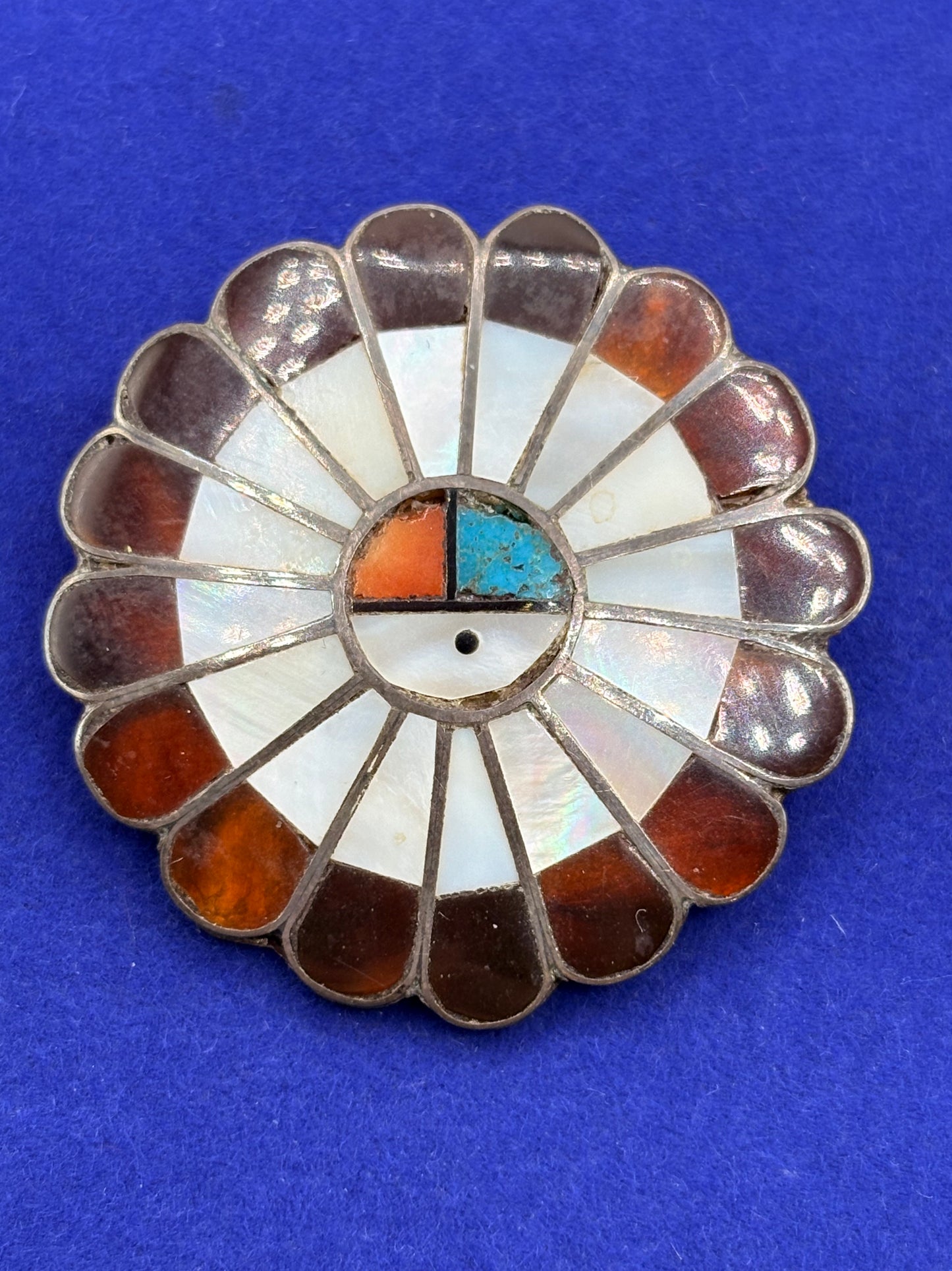 Vintage Native American Zuni Sterling Silver MOP & Turquoise Sun God Brooch