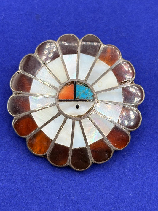 Vintage Native American Zuni Sterling Silver MOP & Turquoise Sun God Brooch