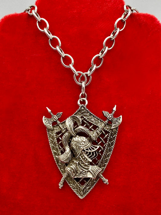 Vintage Heraldic Knight Silver Tone Shield Necklace