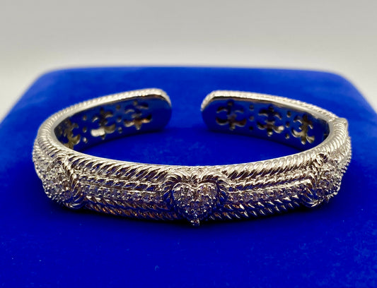 Judith Ripka Sterling Silver Hinged Cuff CZ Heart Bracelet