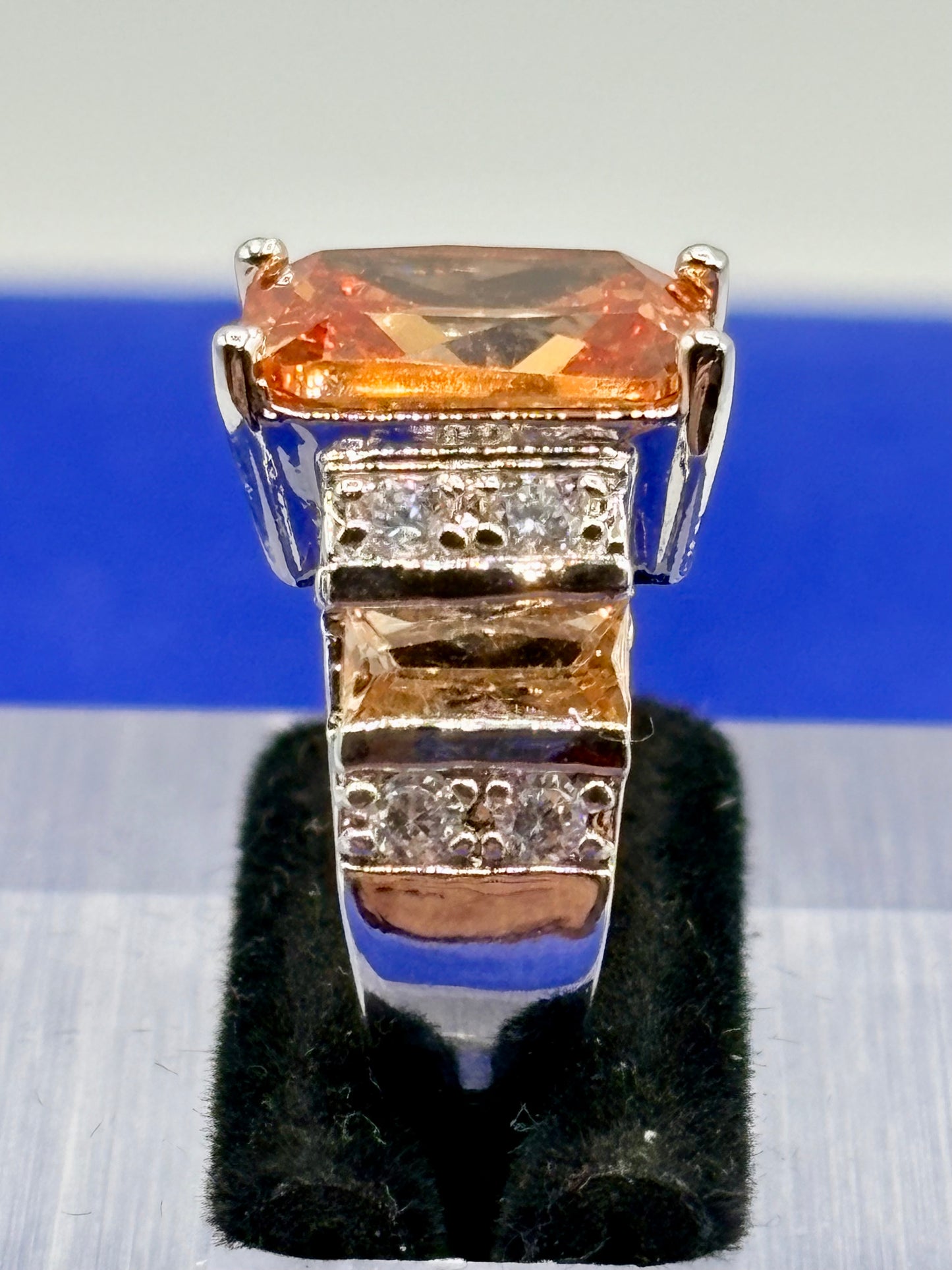 Orange & Clear Glass Silver Tone Costume Ring