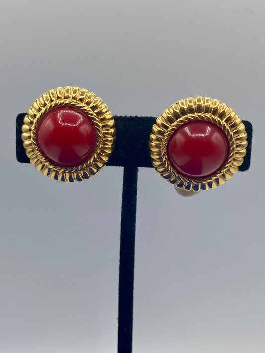 Vintage Monet Red Acrylic & Gold Tone Clip Ons
