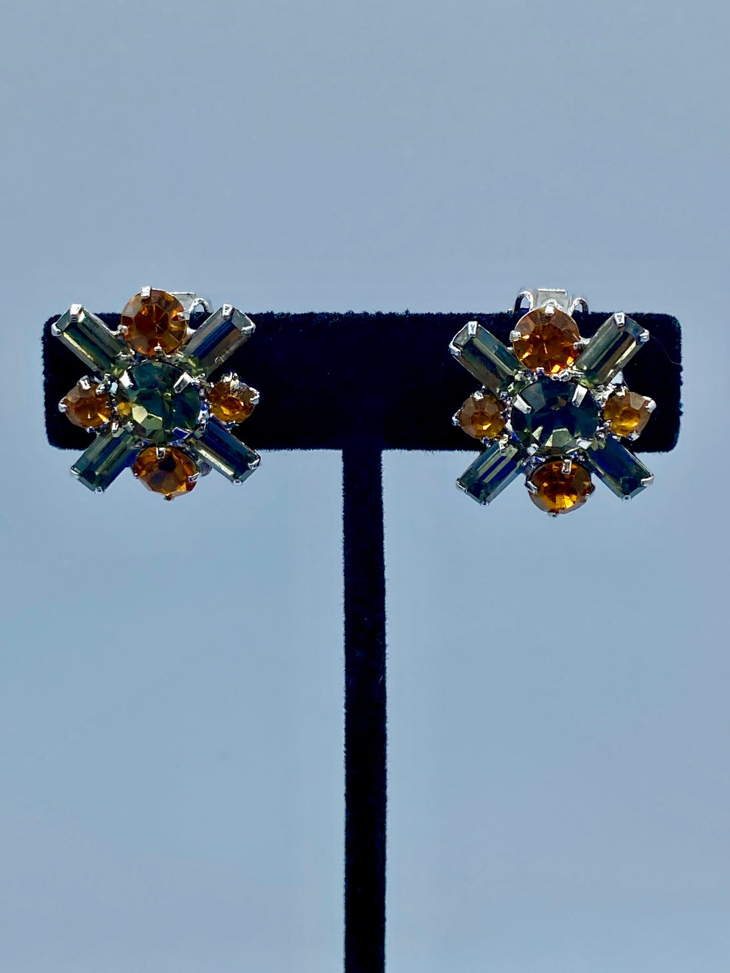 Vintage Gray & Orange Rhinestone Prong Set Clip Ons