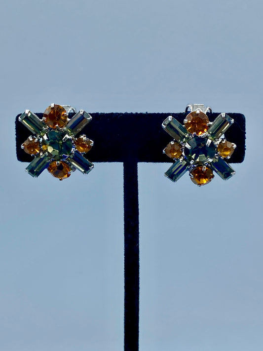 Vintage Gray & Orange Rhinestone Prong Set Clip Ons