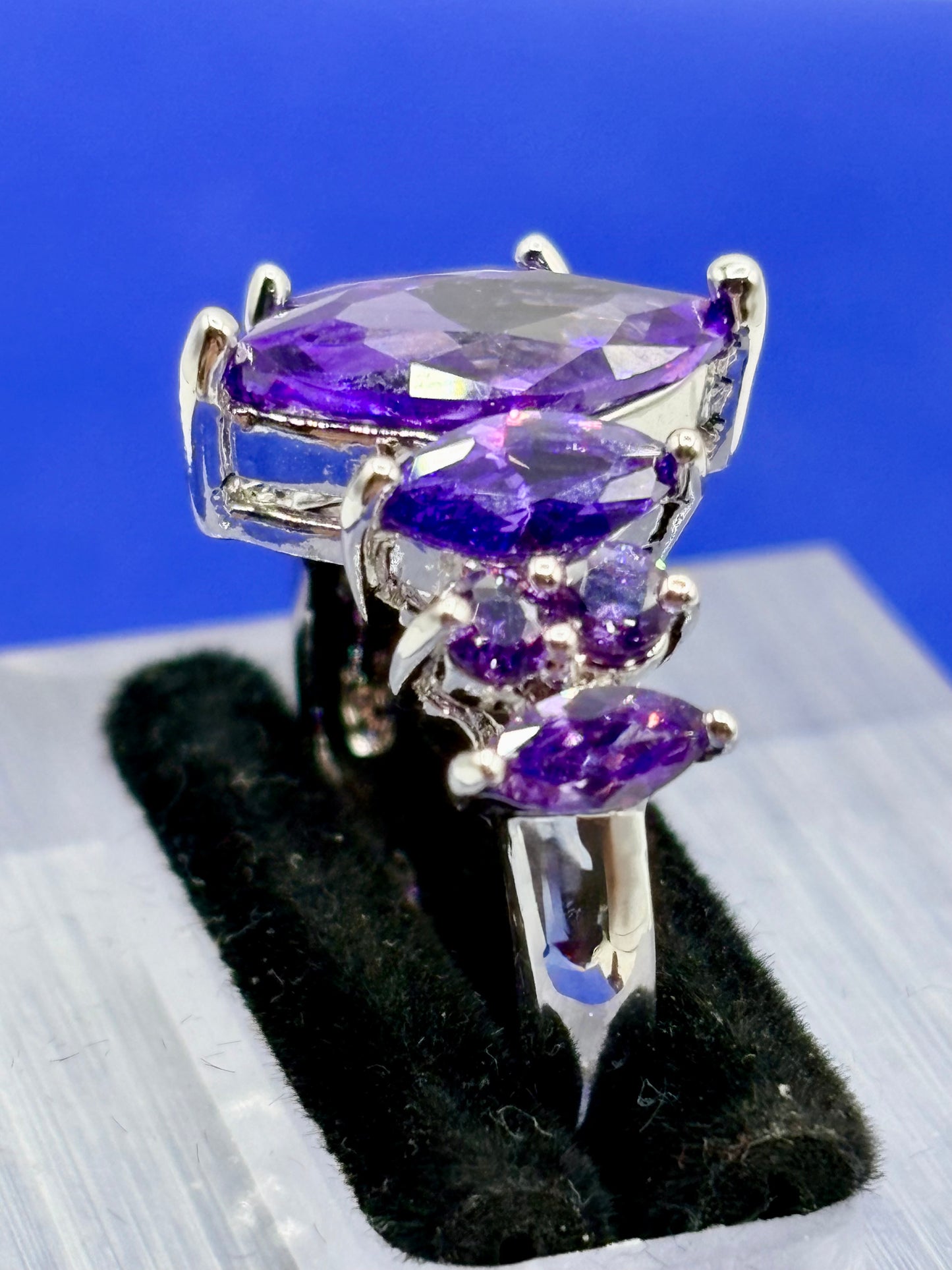 Purple Glass Silver Tone Costume Ring