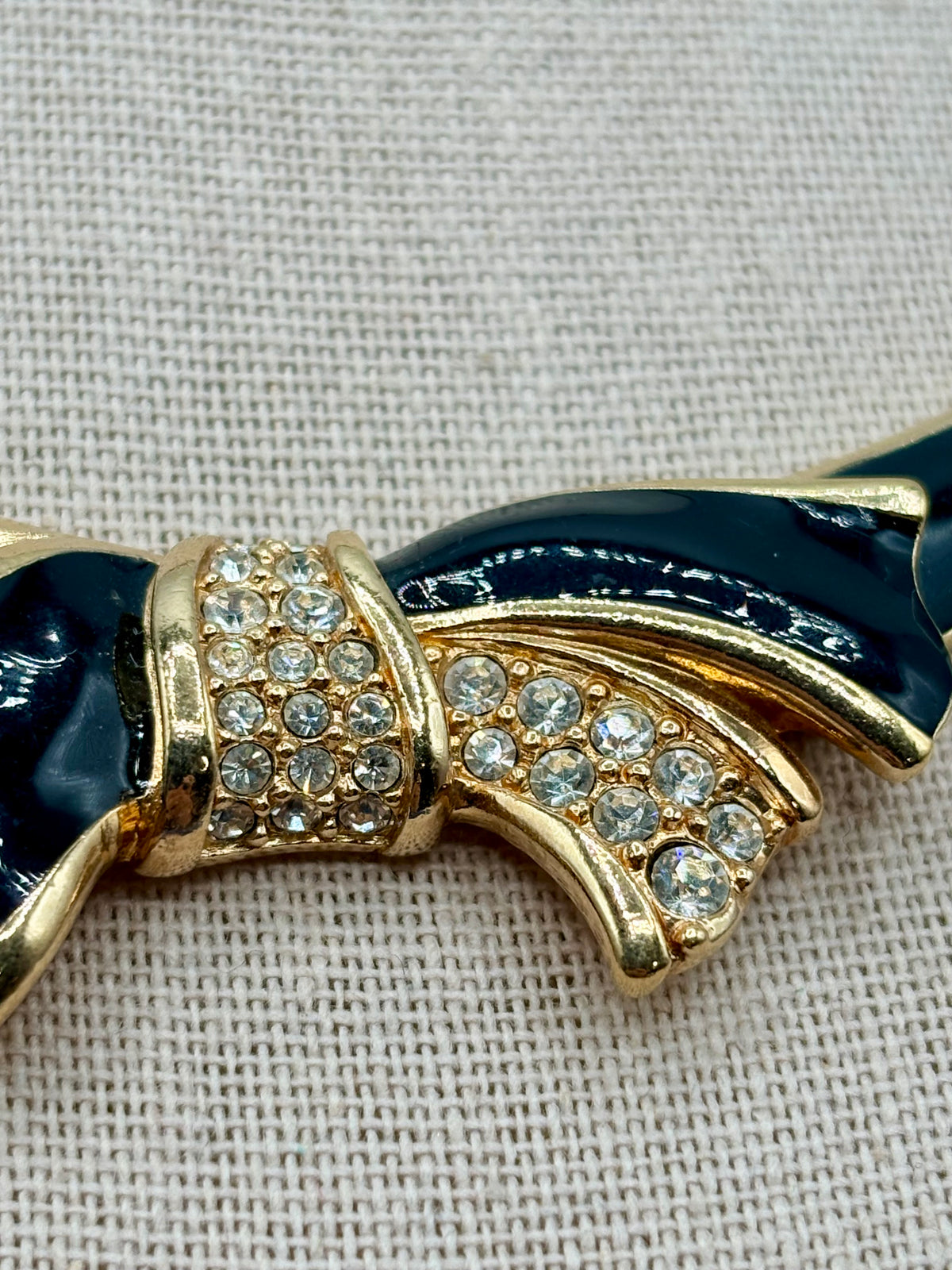 Vintage Swarovski Gold Tone Black Enamel Crystal Bow Statement Necklace