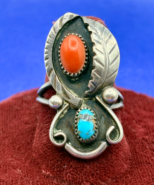 Vintage Sterling Silver Native Coral & Turquoise Ring