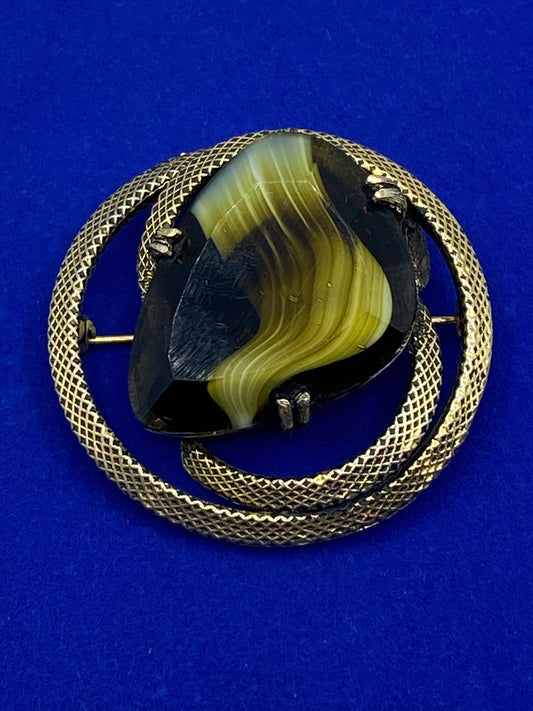 Vintage Green Slag Glass Gold Tone Brooch