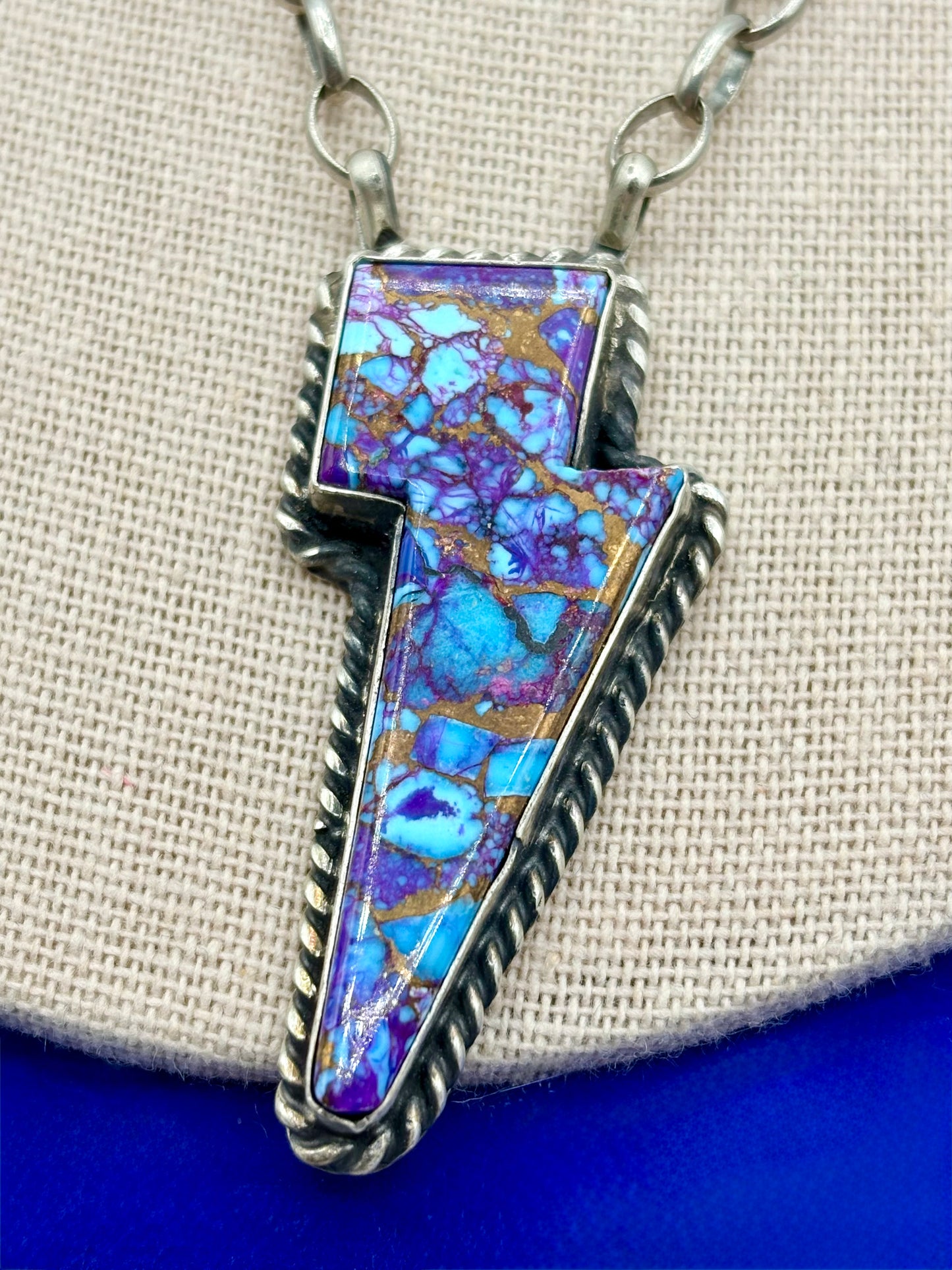 Sterling Silver Native Robert Shakey Purple Mojave Turquoise Lighting Bolt Necklace