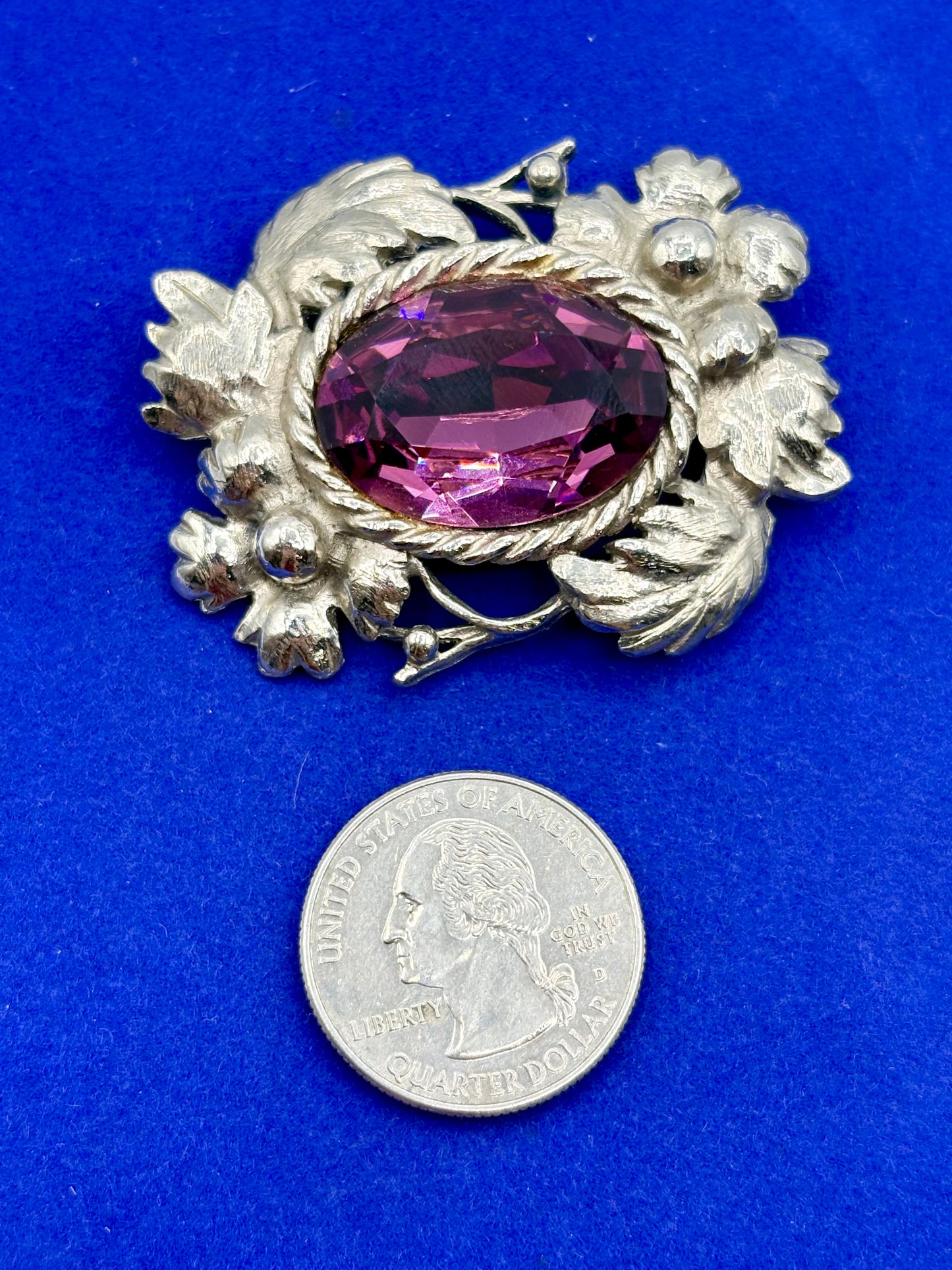 Vintage Silver Tone & Purple Glass Thistle Brooch