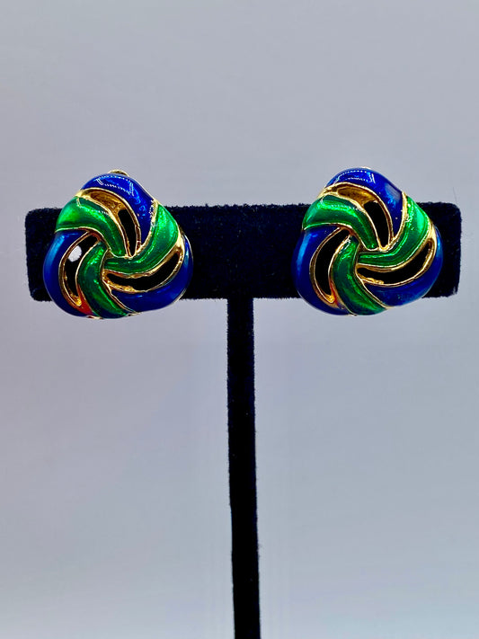 Vintage Module Green & Blue Enamel Clip Ons
