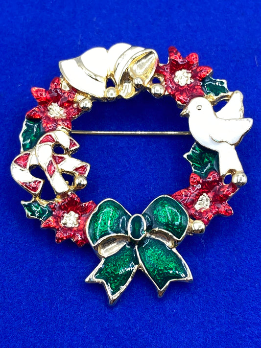 Vintage SFJ Enameled Christmas Wreath Brooch