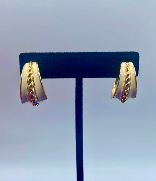 Monet White Enamel & Gold Tone Earrings