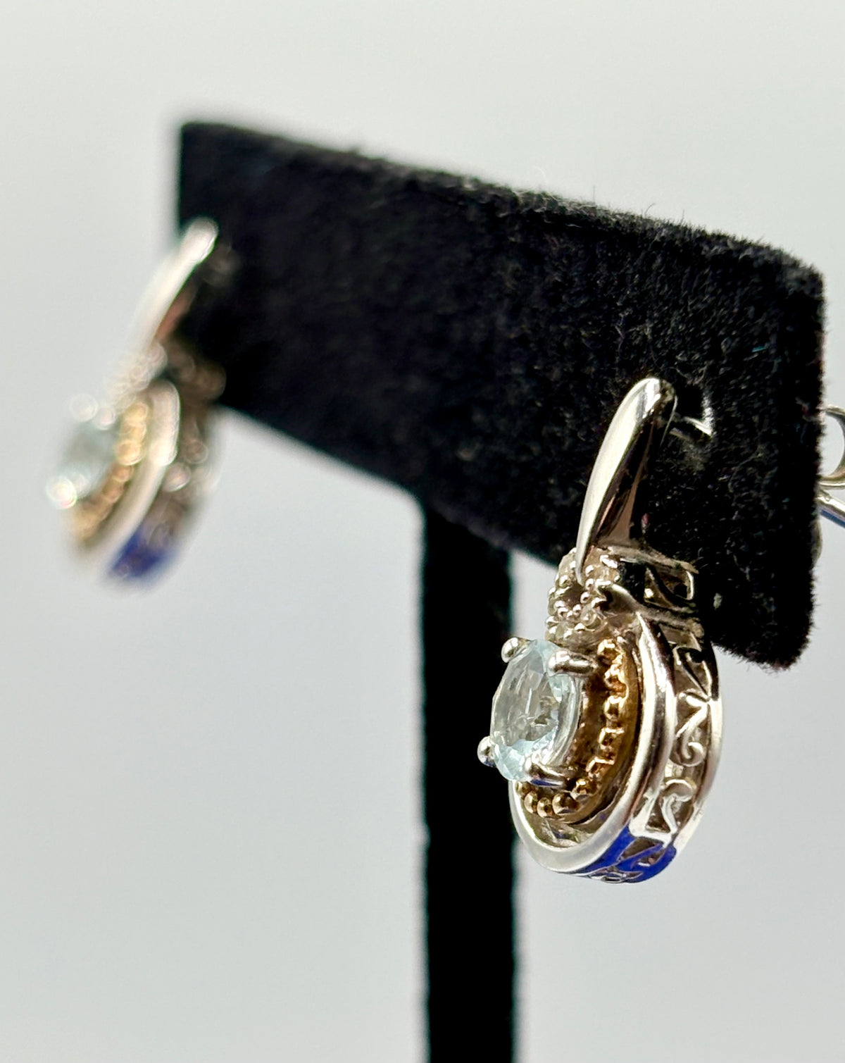 Sterling Silver & 14K Light Blue Spinel & Diamond Stud Earrings