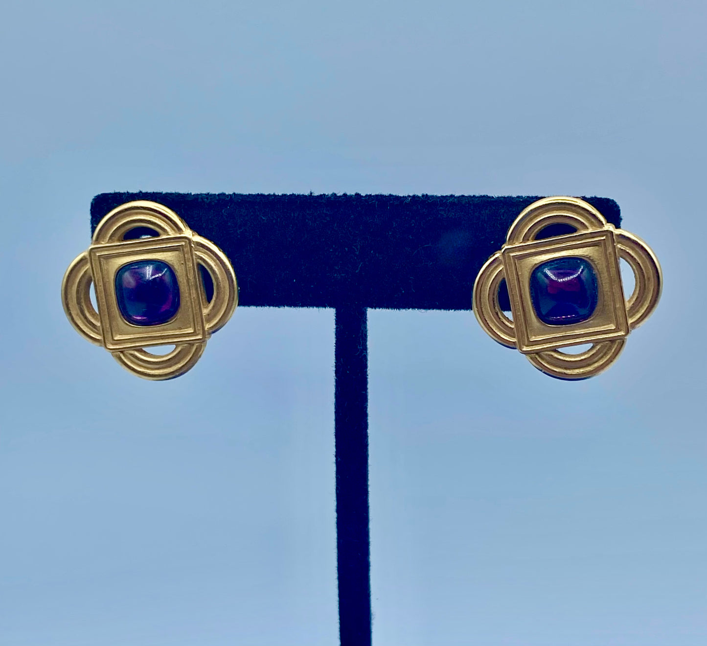 Monet Gold Tone Purple Glass Earrings