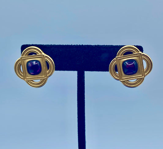 Monet Gold Tone Purple Glass Earrings