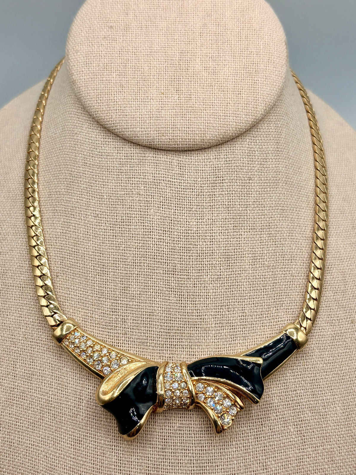 Vintage Swarovski Gold Tone Black Enamel Crystal Bow Statement Necklace