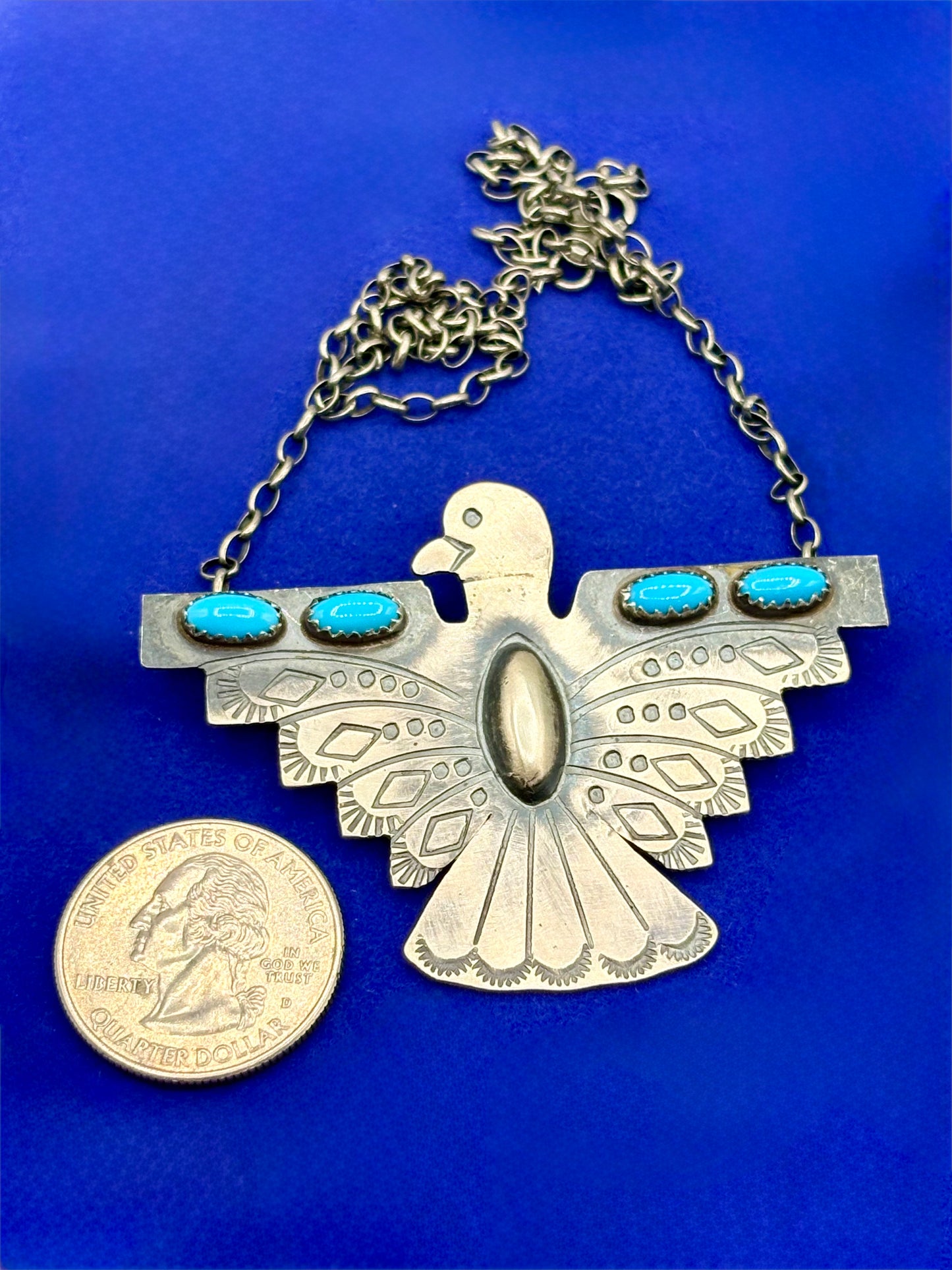 Sterling Silver Native Tim Yazzie Turquoise Thunderbird Necklace