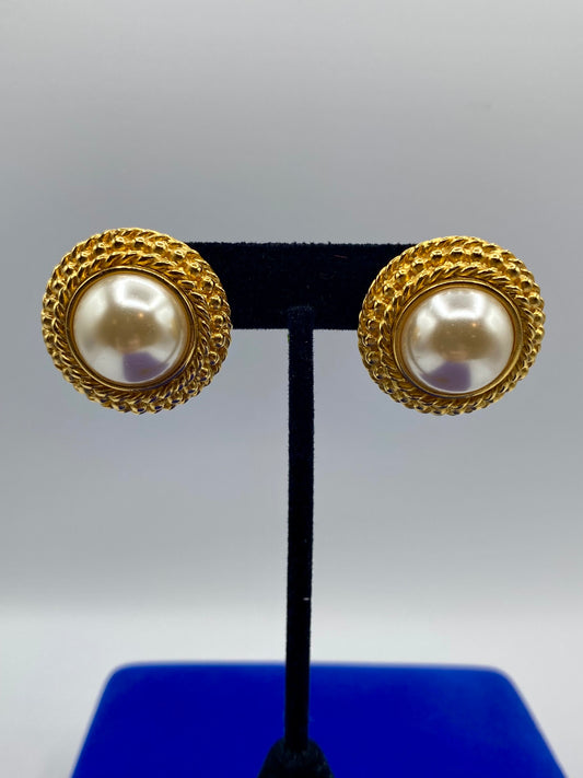 Gold Tone Huge Pearl Dome Earrings
