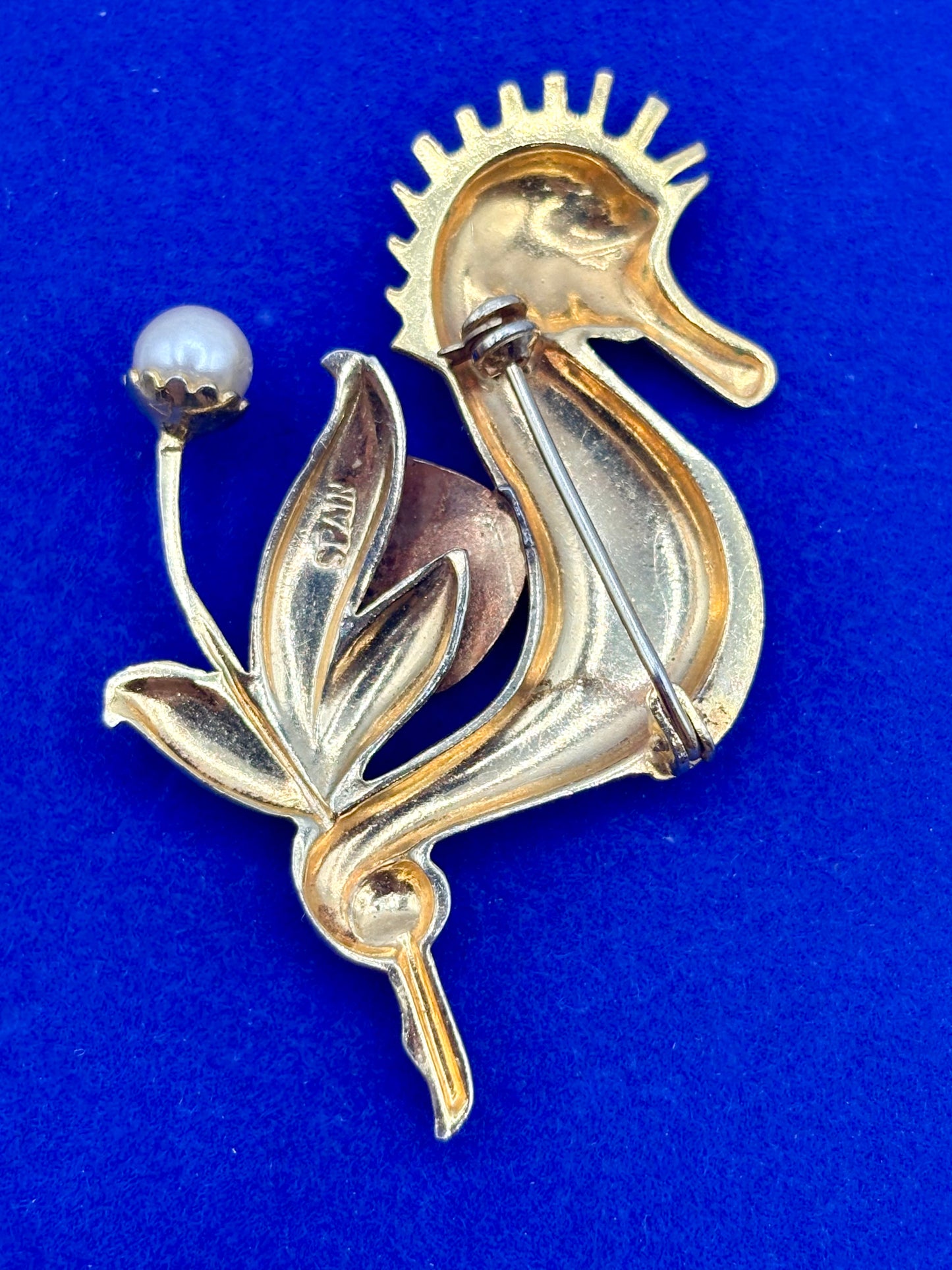 Vintage Damascene & Faux Pearl Seahorse Brooch