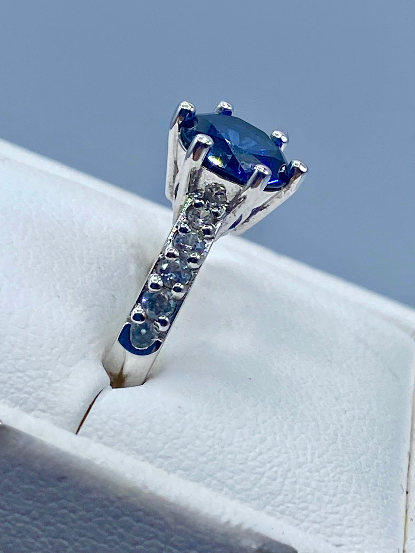 Sterling Silver Dark Blue Round Sapphire & CZ Ring