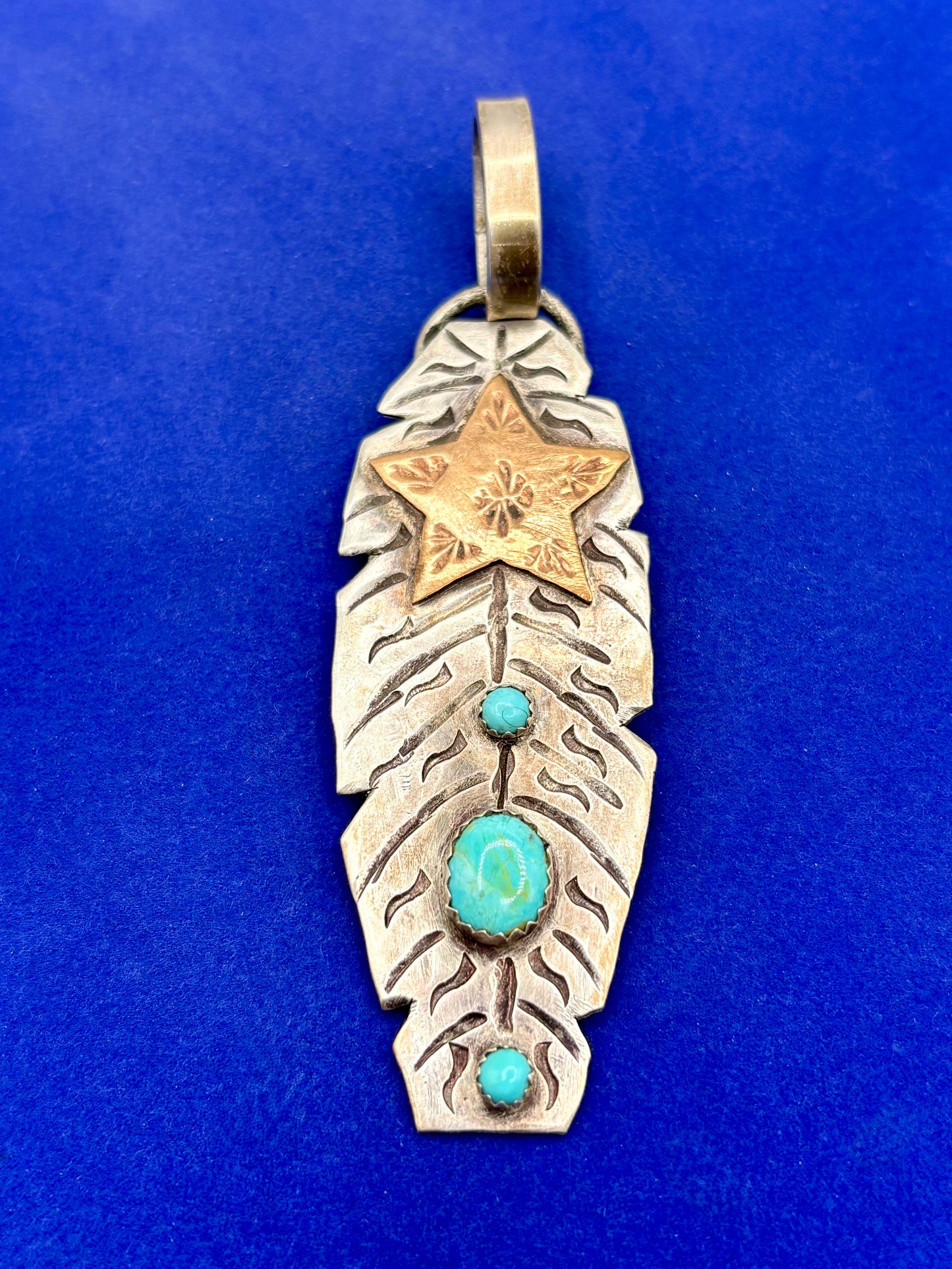 Sterling Silver Southwestern Turquoise & Copper Star Feather Pendant