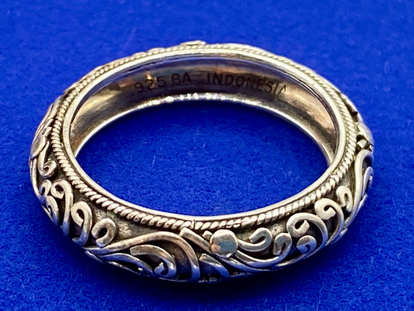 Vintage Sterling Silver Signed BA Indonesia Filigree Scroll Pattern Ring Band