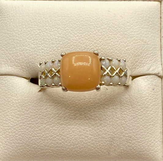 Sterling Silver Rhodium Flashed Square Cabochon Beige Stone Opal Accents Ring