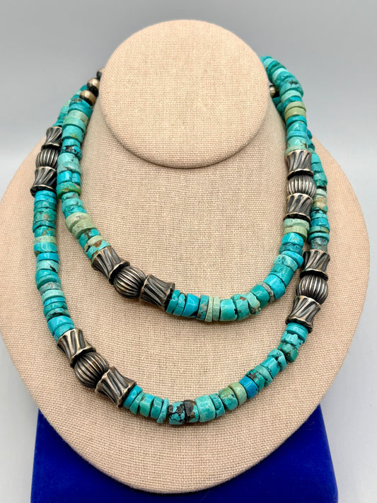 Sterling Silver Southwestern Turquoise Discs & Bead Necklace