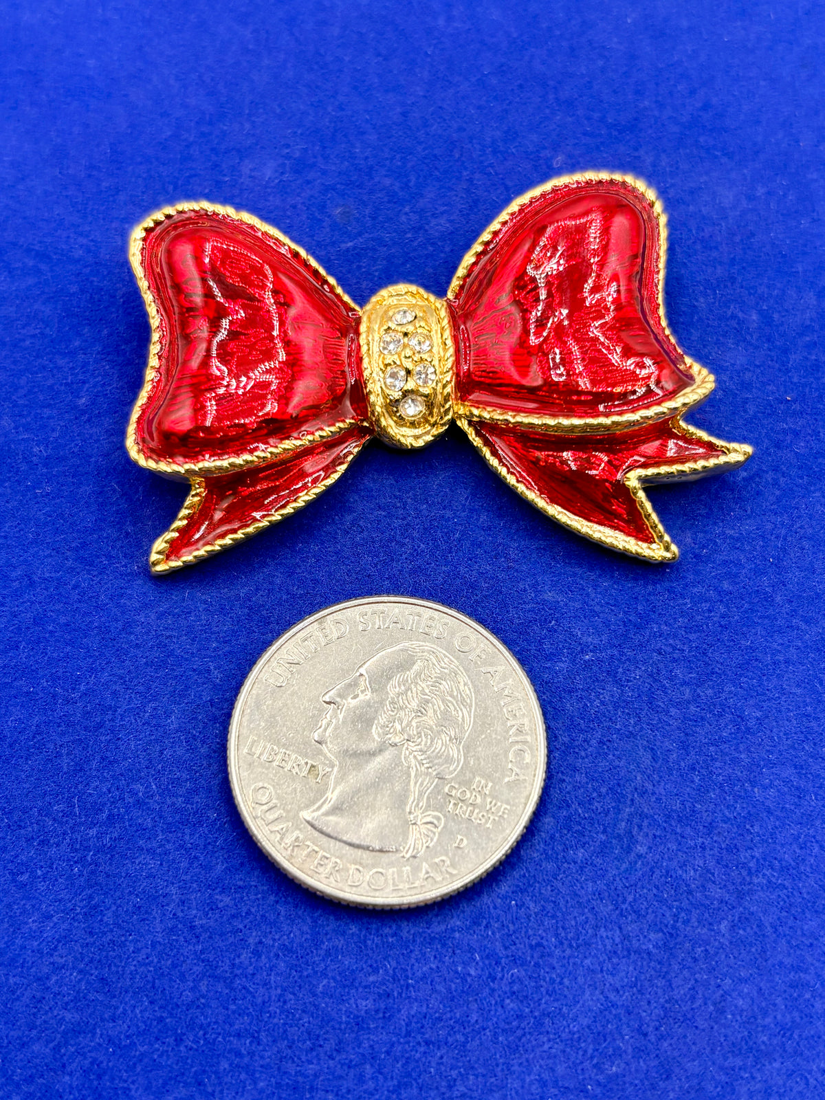 Gold Tone & Red Enameled Bow Tie Brooch