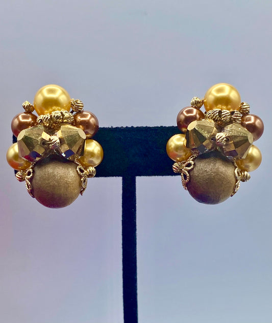 Vendome Faux Pearl Glass & Wood Cluster Clip Ons