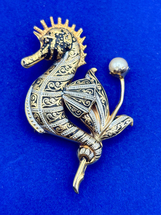 Vintage Damascene & Faux Pearl Seahorse Brooch