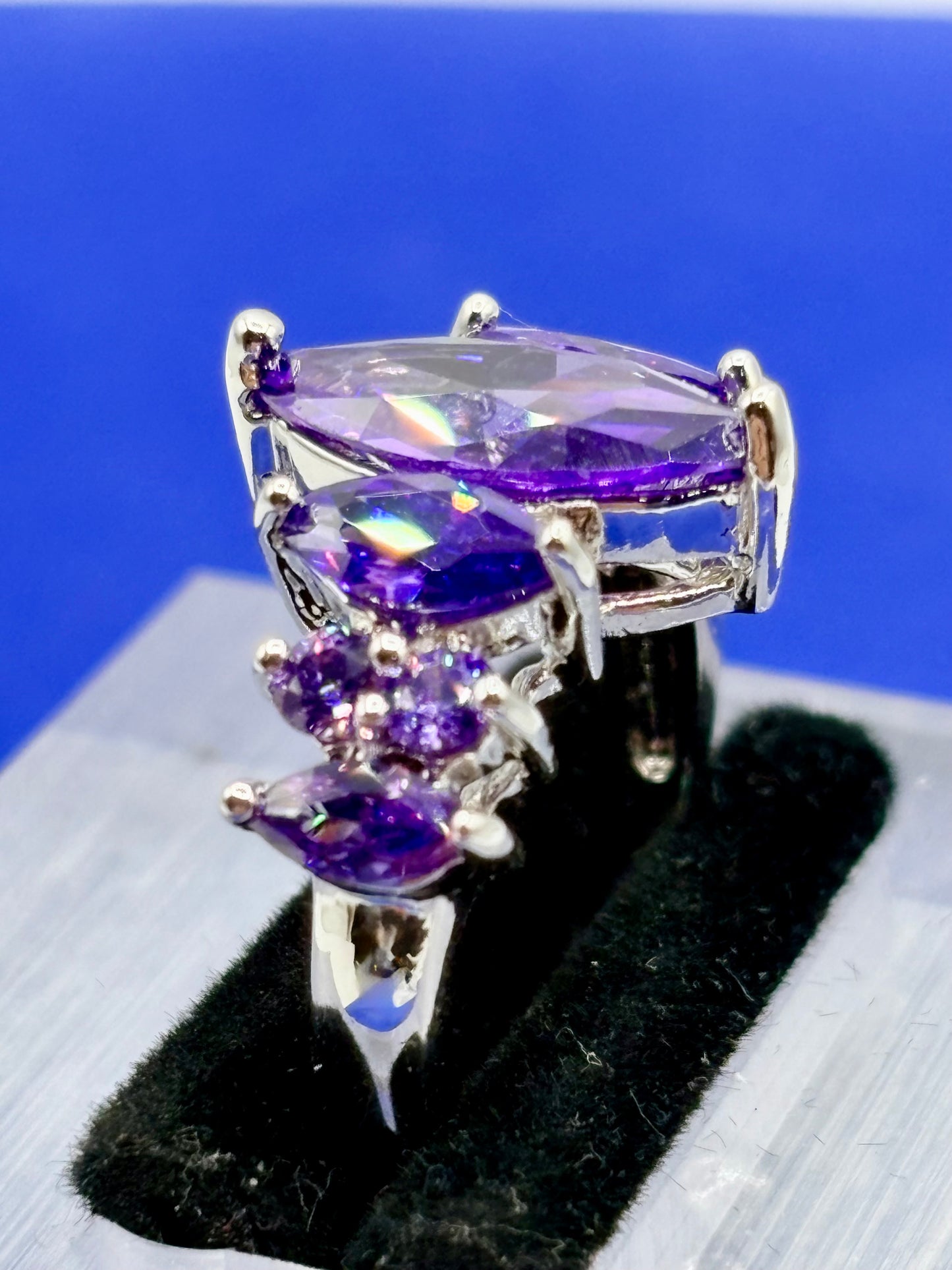 Purple Glass Silver Tone Costume Ring