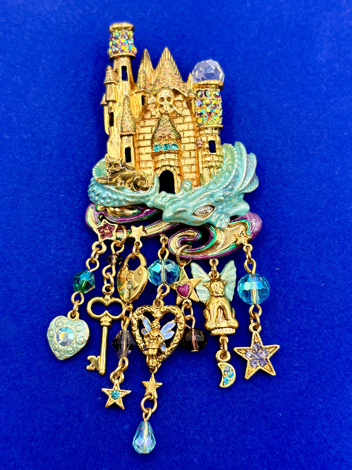 Kirk’s Folly Gold Tone Dragon Castle Statement Brooch/Pendant AS IS