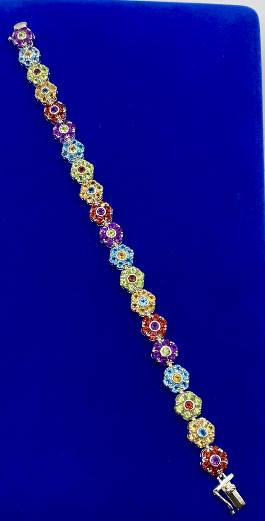 Sterling Silver Multi Gemstone Floral Bracelet