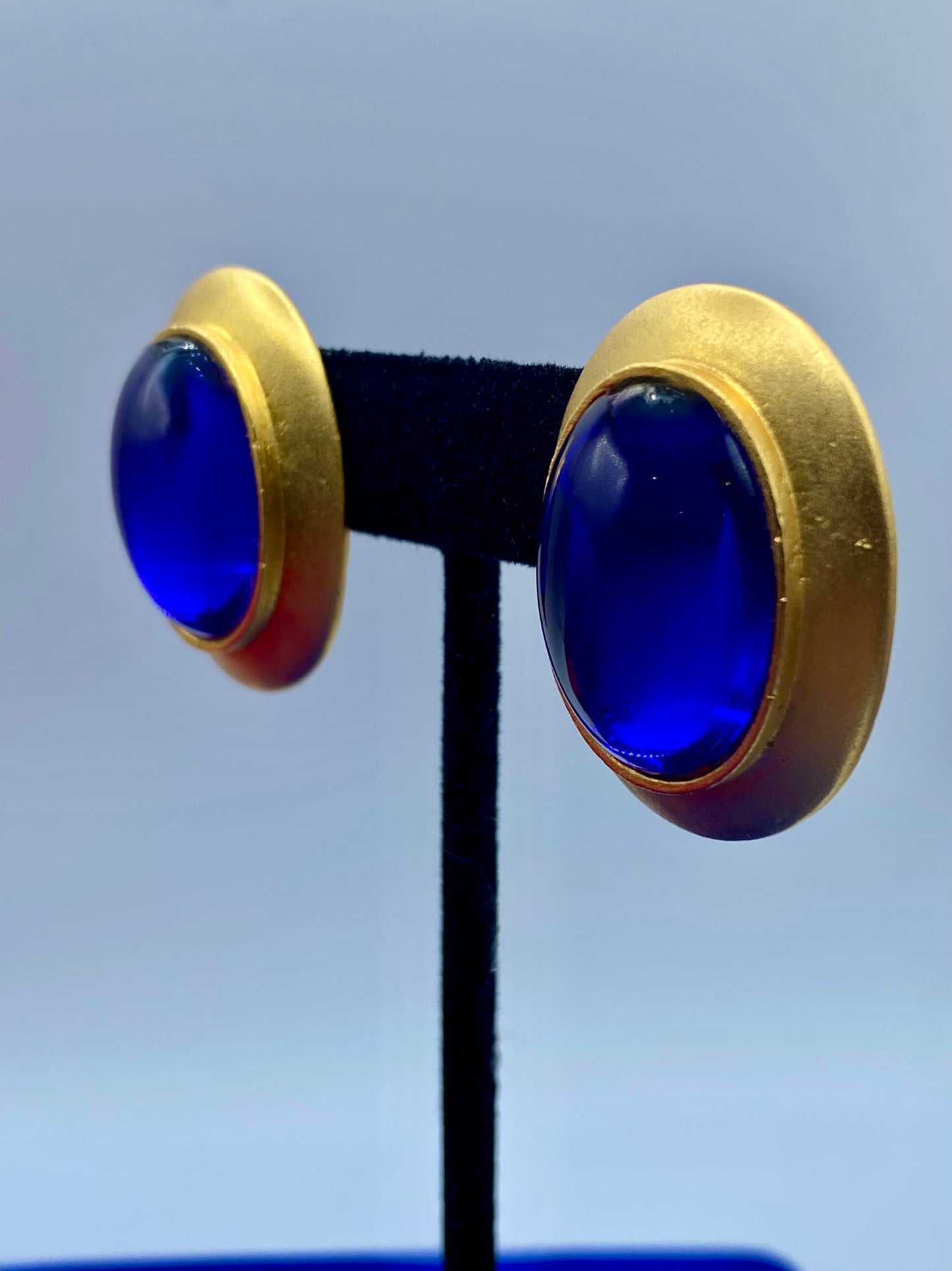 Gold Tone Blue Glass Cabochon Earrings