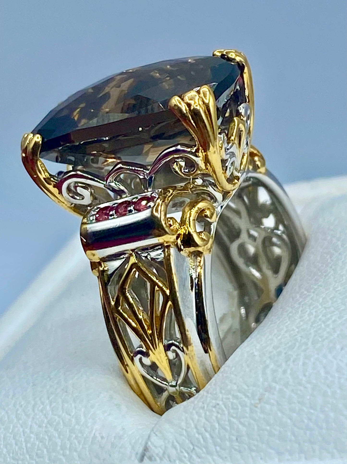 Sterling Silver/Vermeil Smokey Quartz & Red Crystal Ring