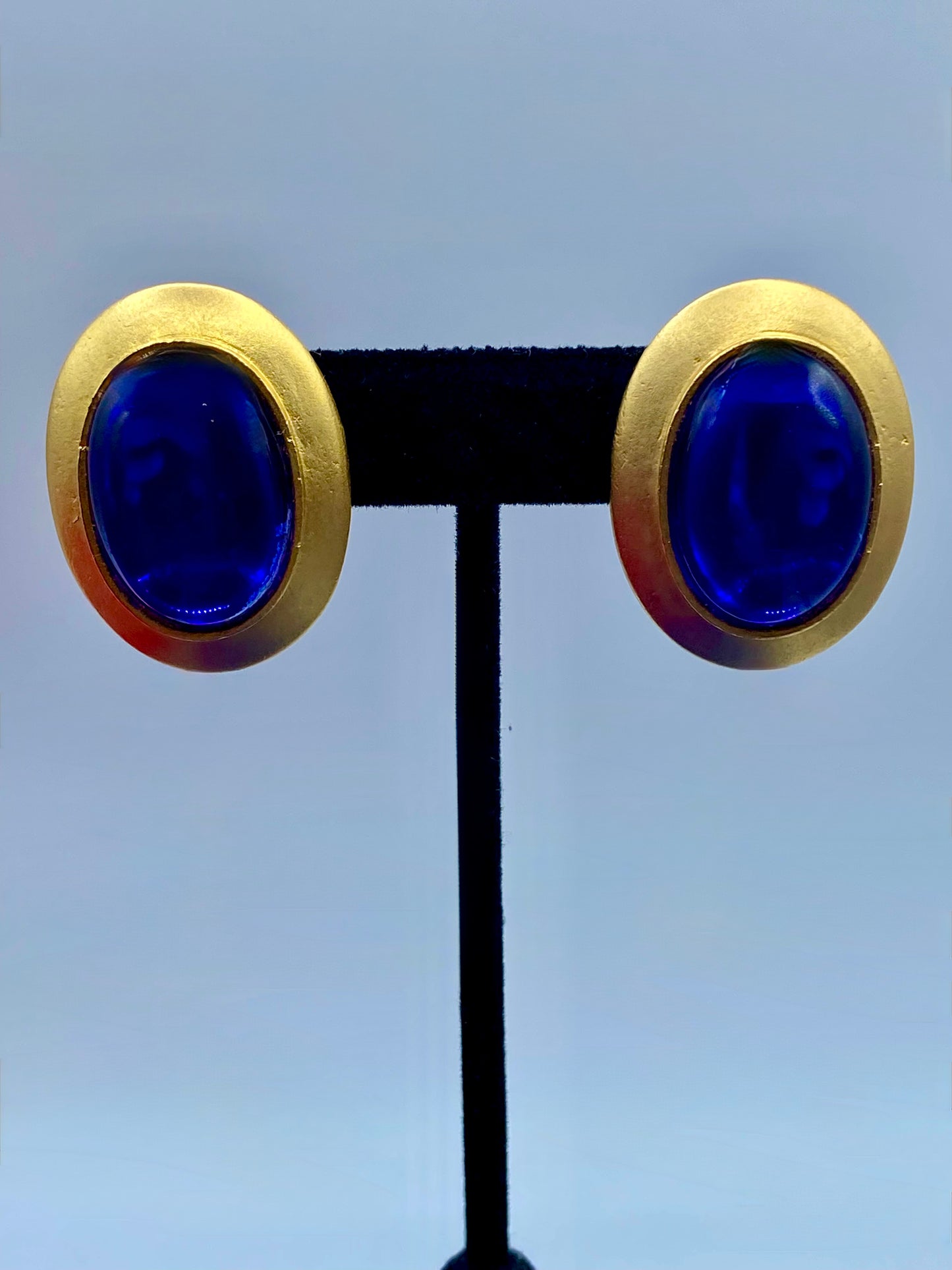 Gold Tone Blue Glass Cabochon Earrings