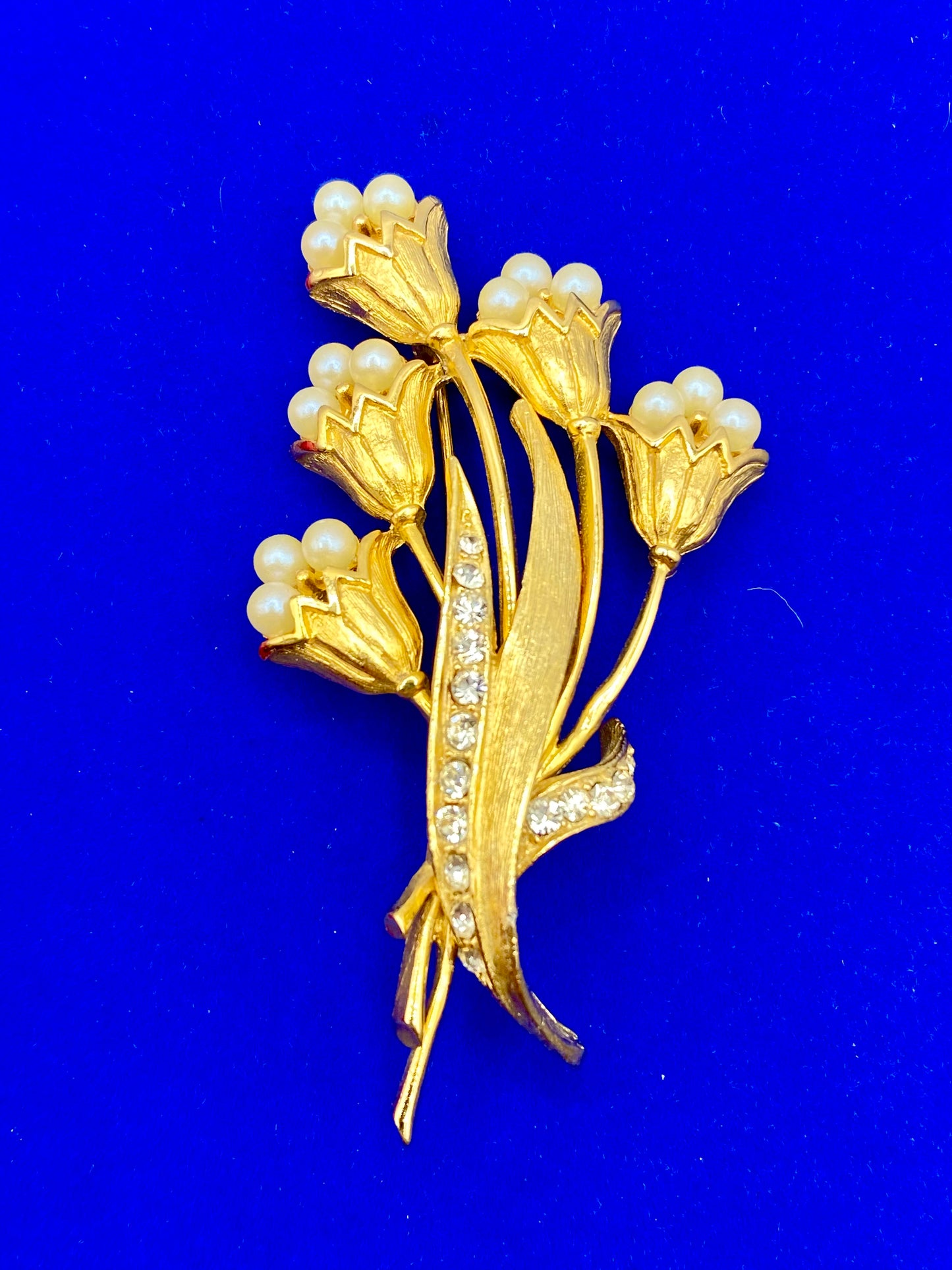 Faux Pearl & Rhinestone Gold Tone Floral Brooch