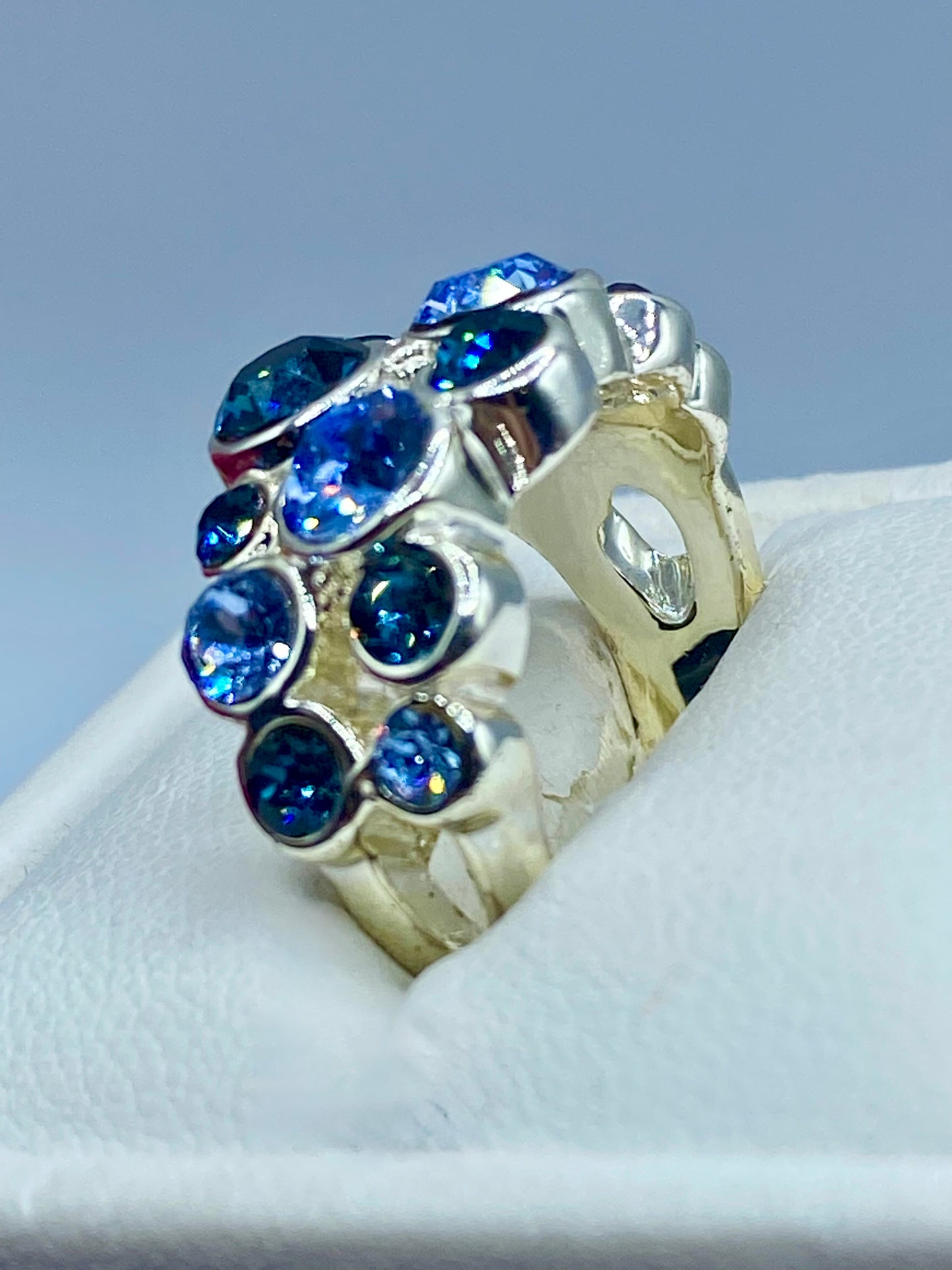 Blue Glass Rhinestone Silver Tone Costume Ring