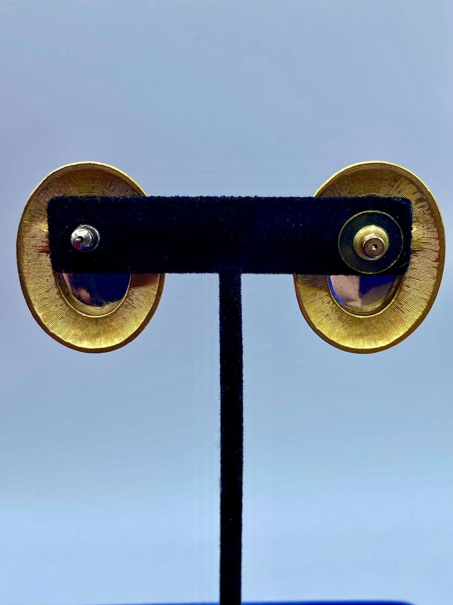 Gold Tone Blue Glass Cabochon Earrings