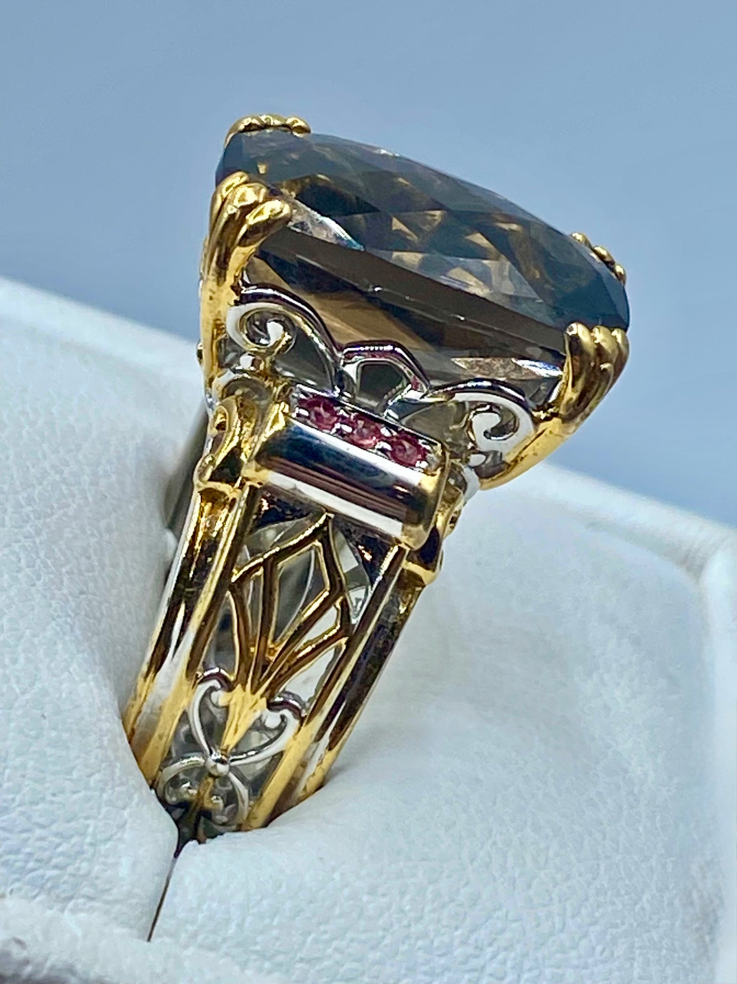 Sterling Silver/Vermeil Smokey Quartz & Red Crystal Ring