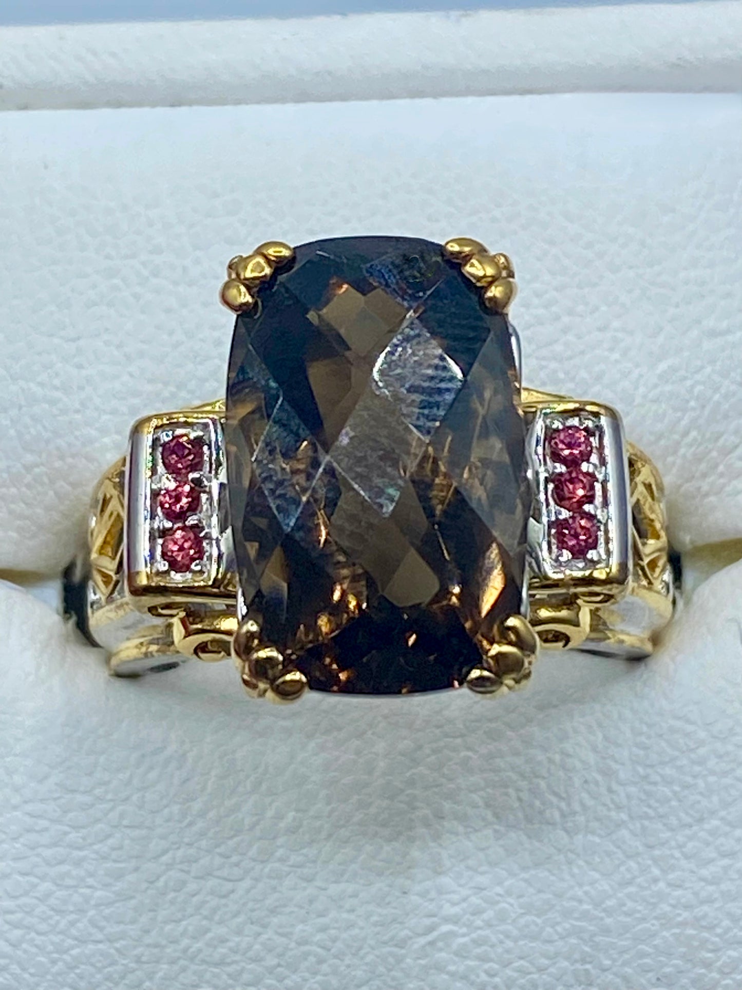 Sterling Silver/Vermeil Smokey Quartz & Red Crystal Ring