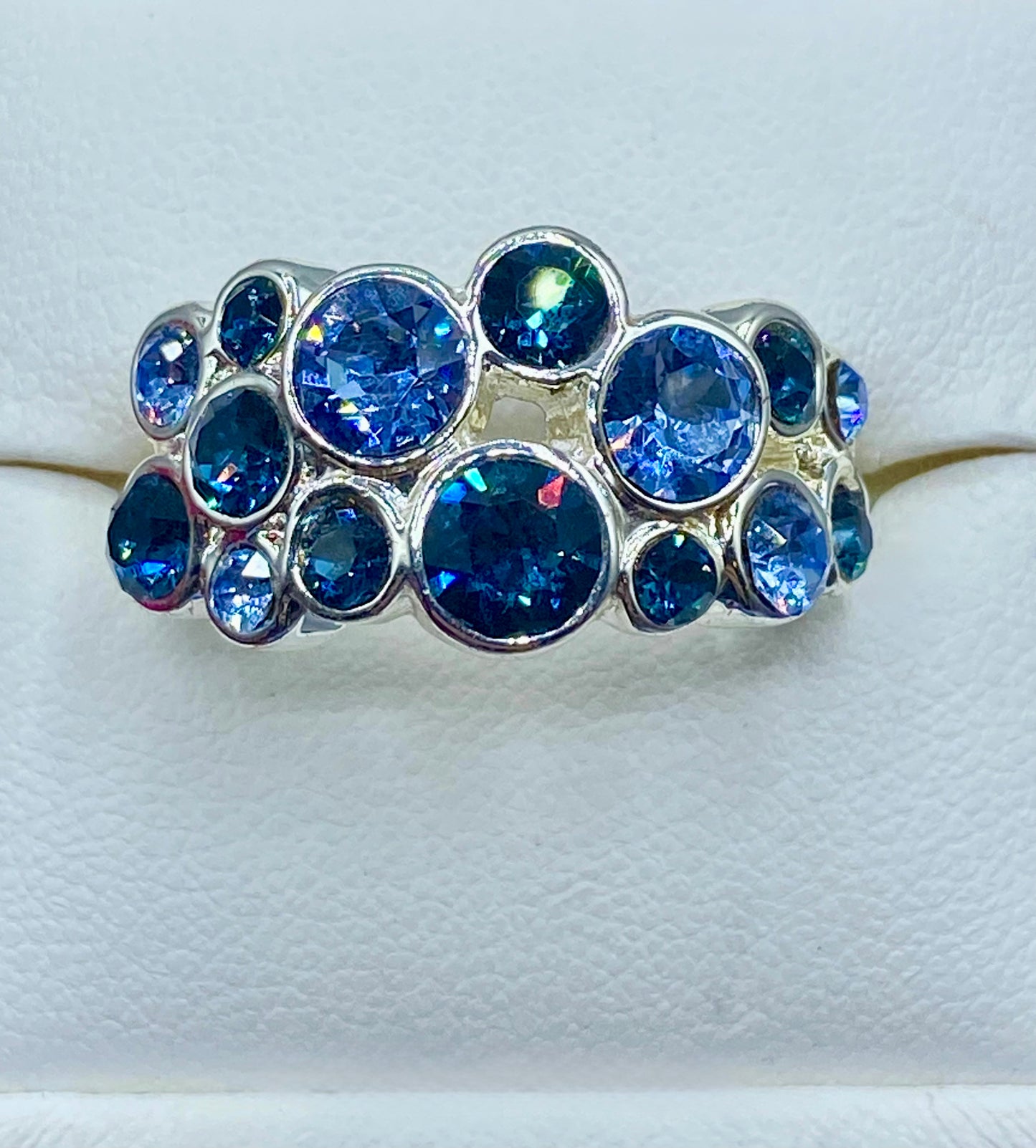 Blue Glass Rhinestone Silver Tone Costume Ring