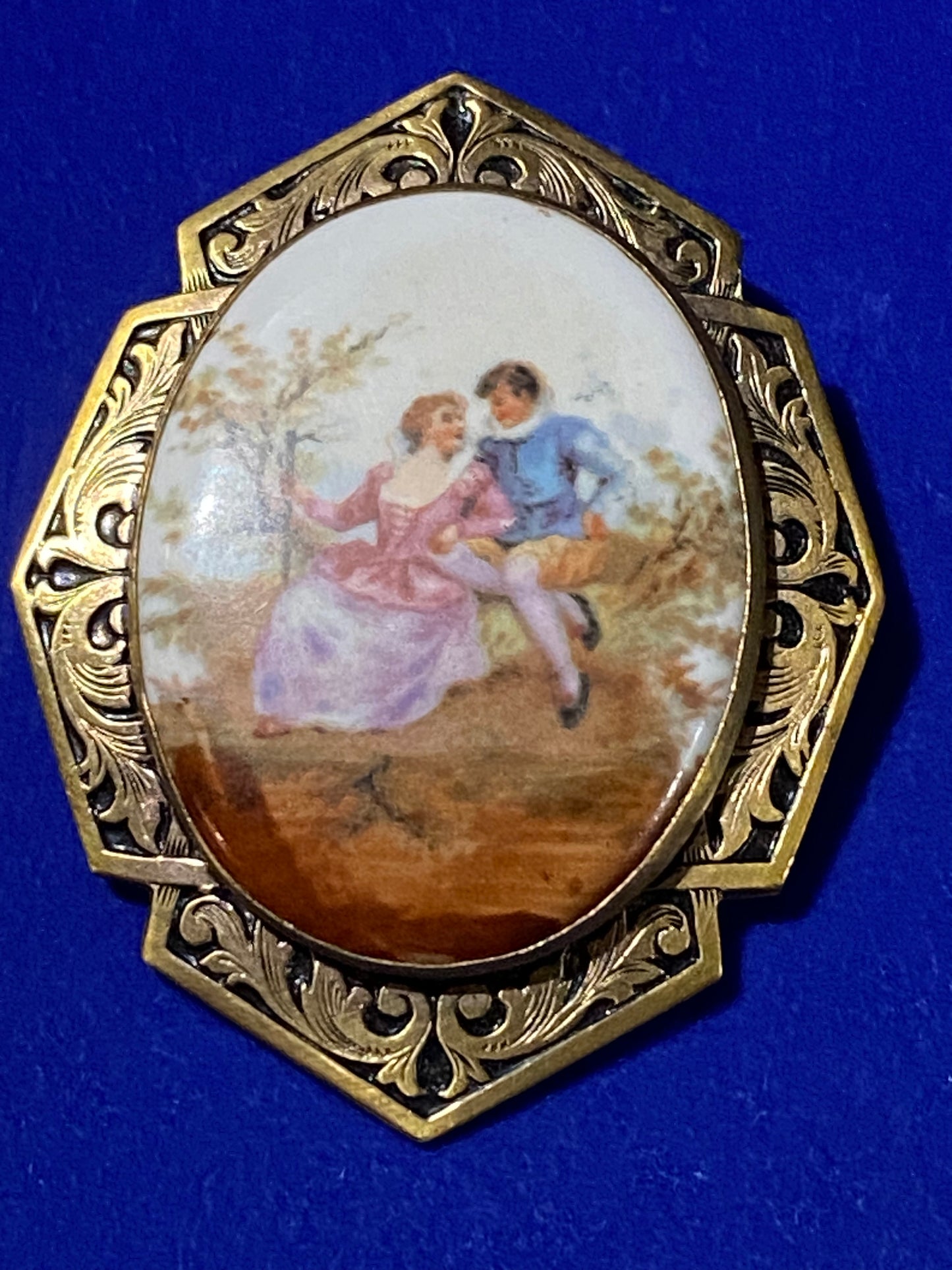 Antique Romantic Scene Porcelain Brooch