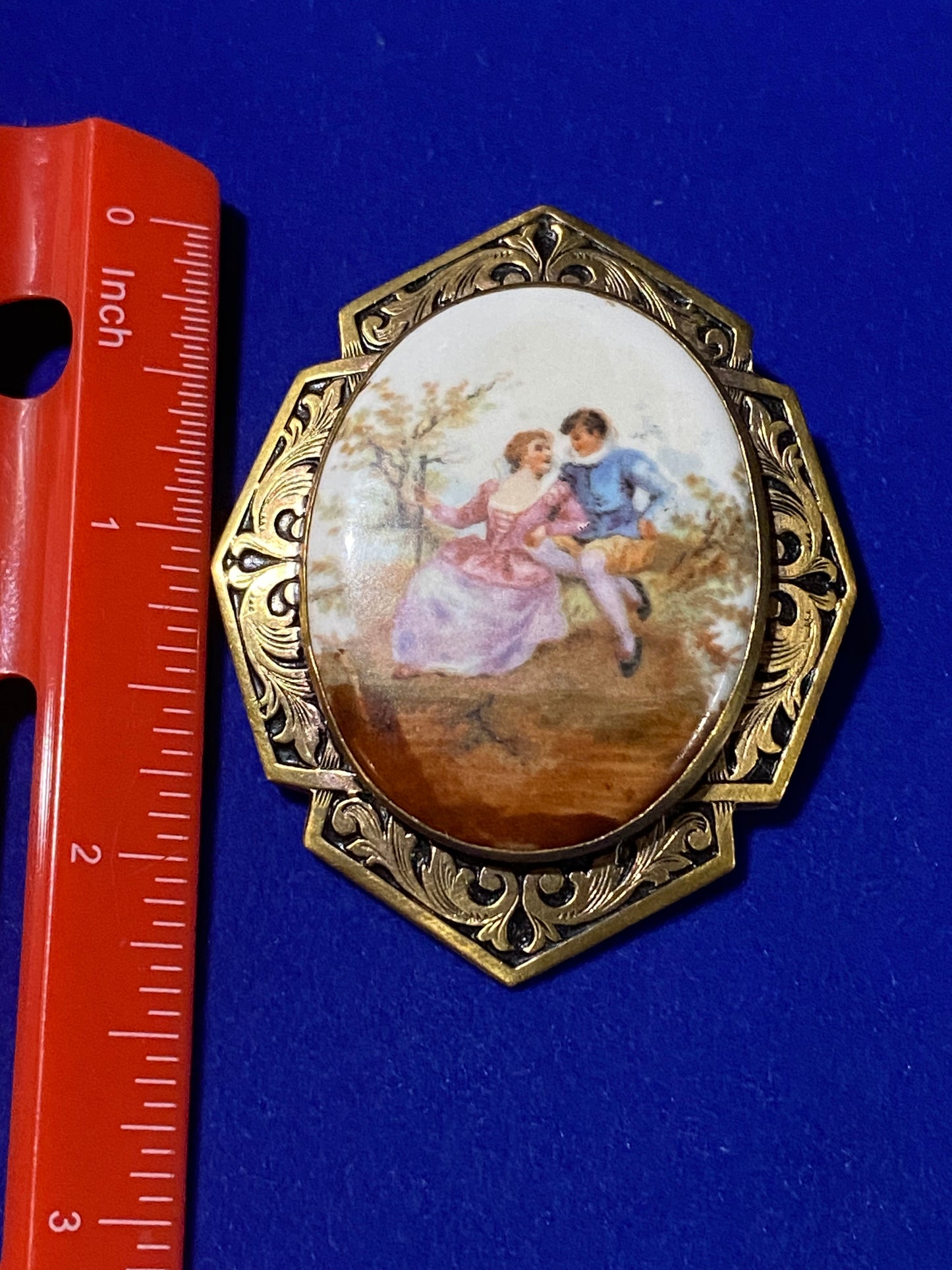 Antique Romantic Scene Porcelain Brooch