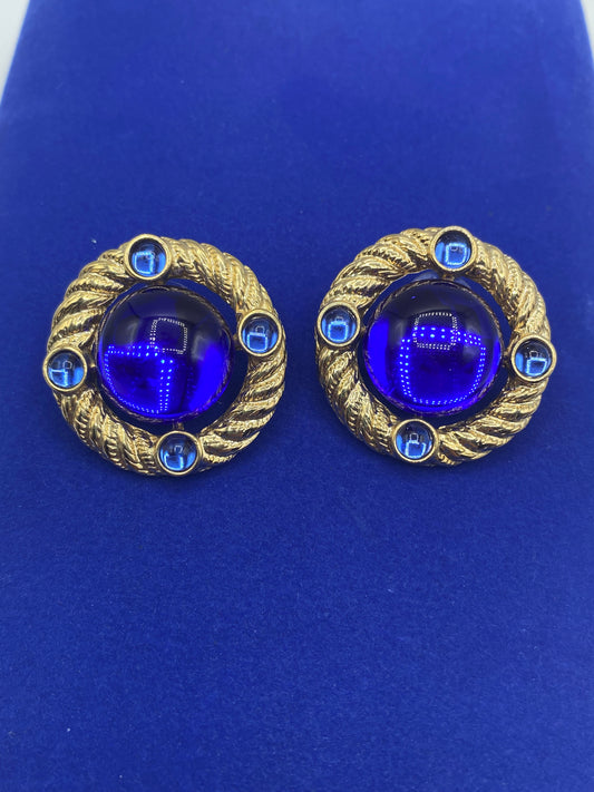 Vintage Park Lane Blue Cabochon Gold Tone Earrings