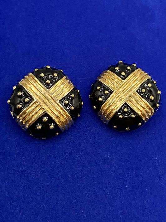 Vintage Gold Tone & Black Enamel Clips