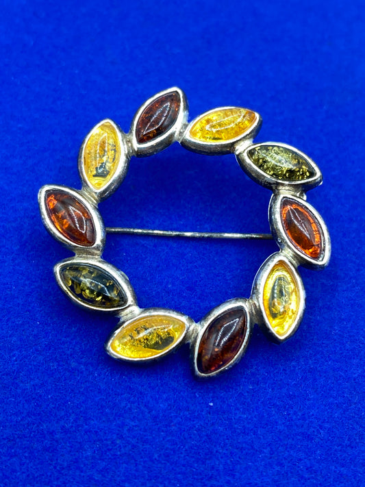 Sterling Silver Round Amber Brooch