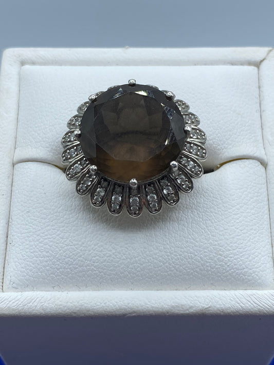 Sterling Silver Brazilian Smoky Quartz & White Zircon Floral Ring